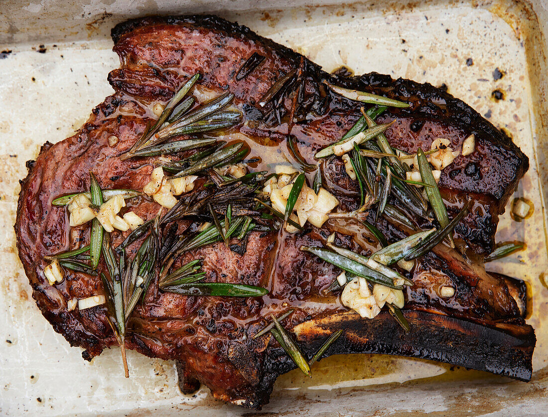 BBQ steak with garlic and herbs