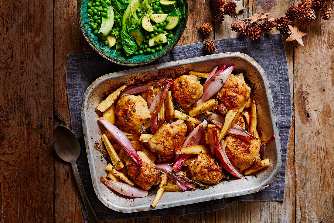 Spicy chicken with honey-mustard crust and parsnips