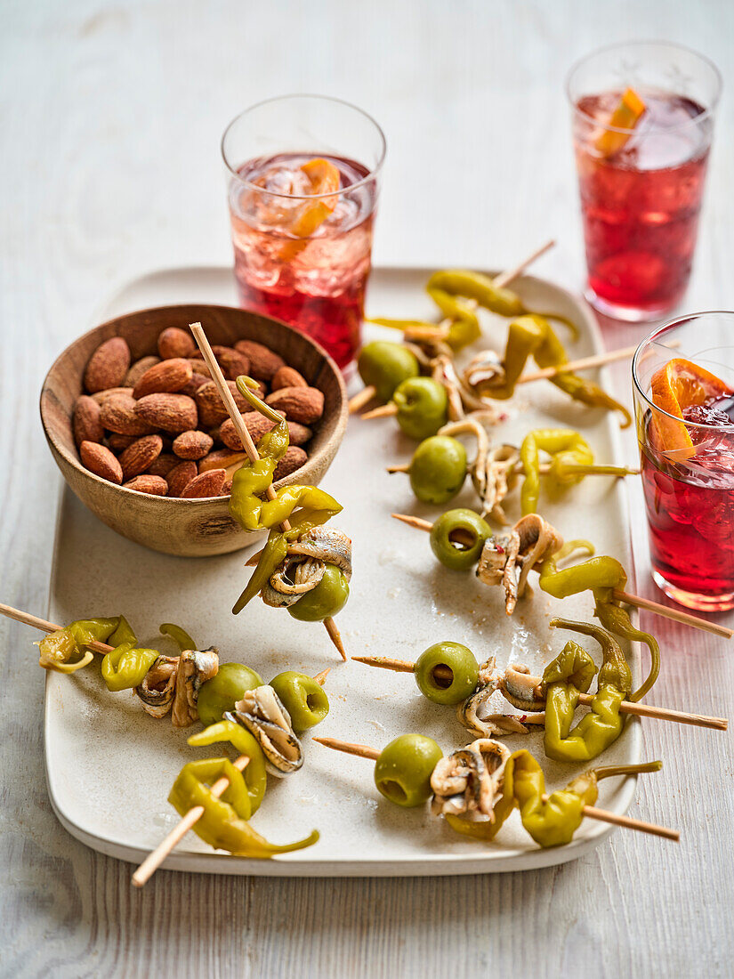 Spanish gilda, olive, chilli and anchovy skewers