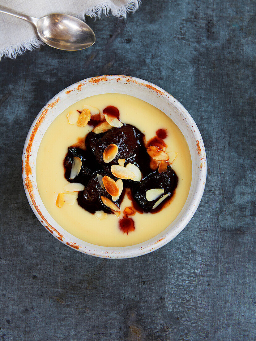Dried fruit compote with vanilla sauce