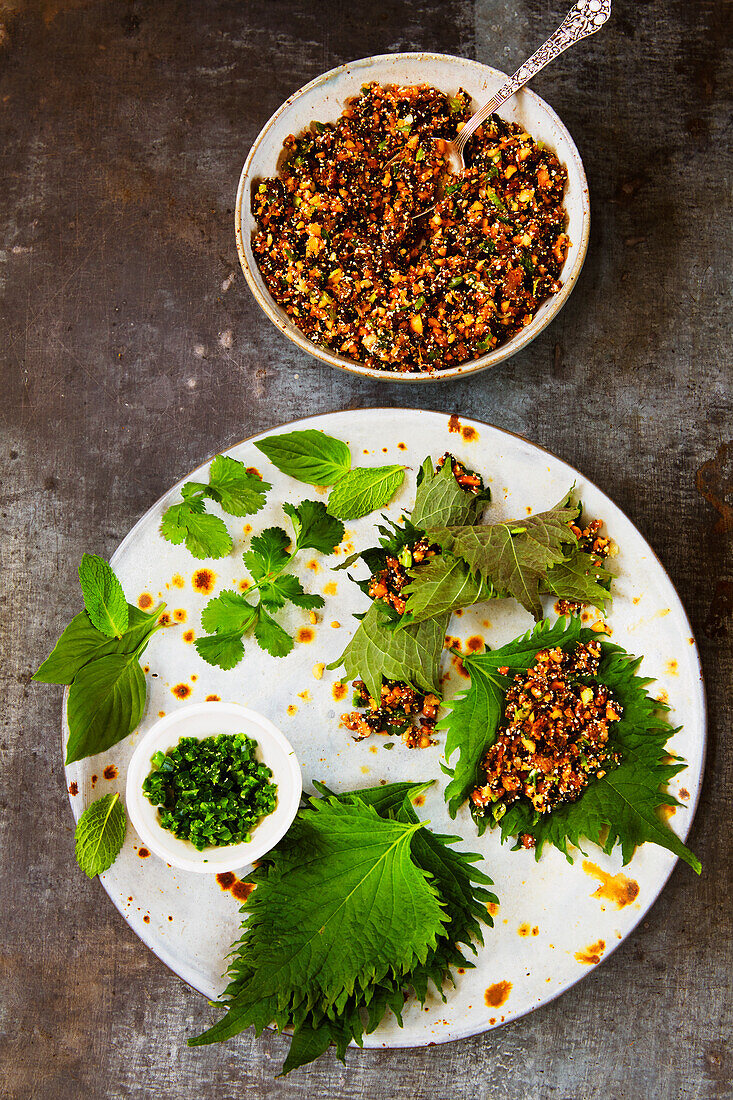 Shiso leaf rolls with mushrooms and larb