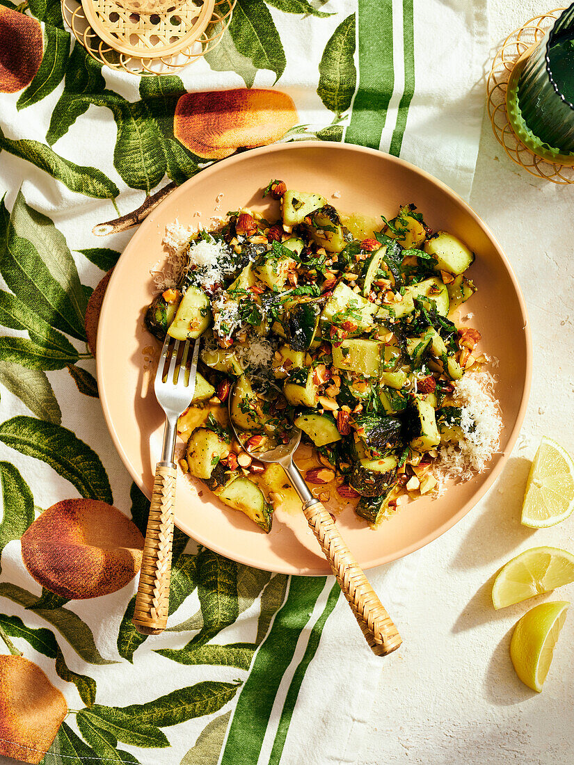 'Charred' courgette with almonds and mint