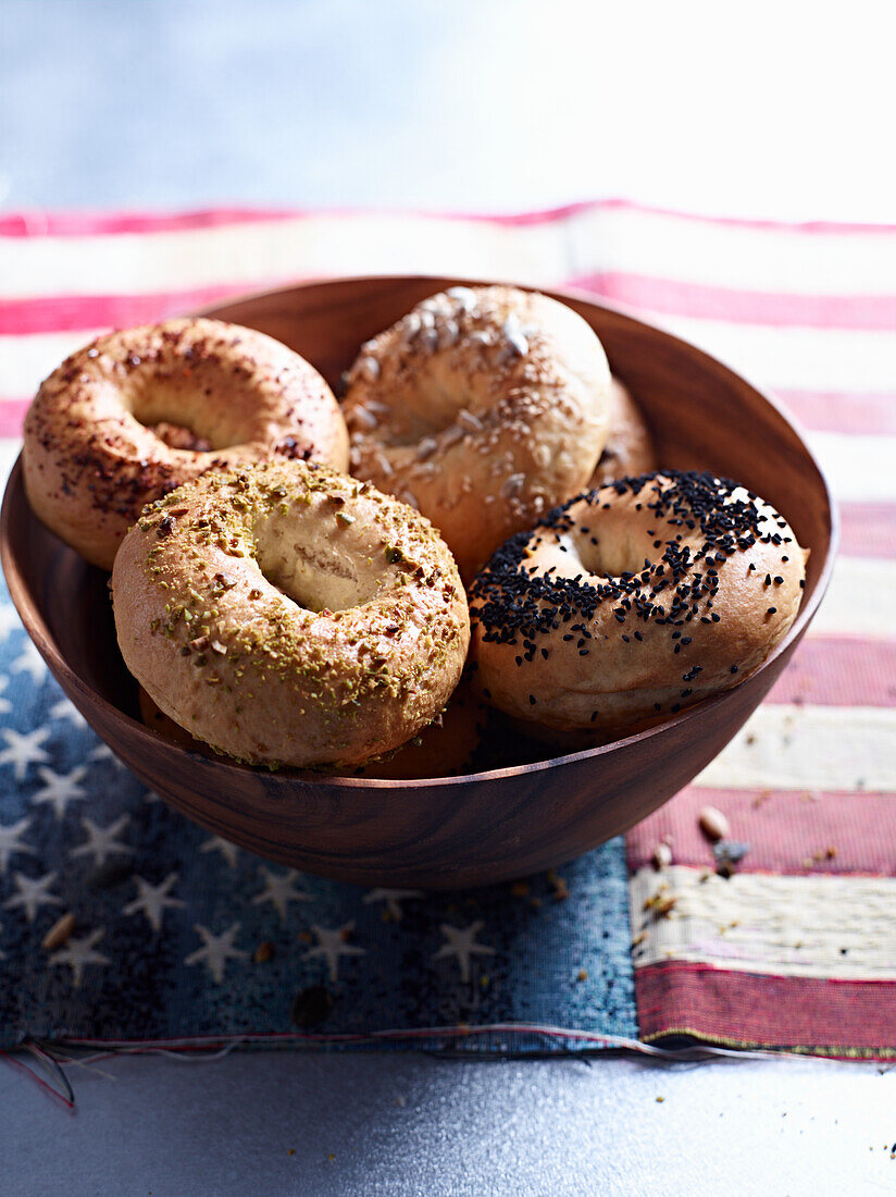 Bagels in wooden bowl