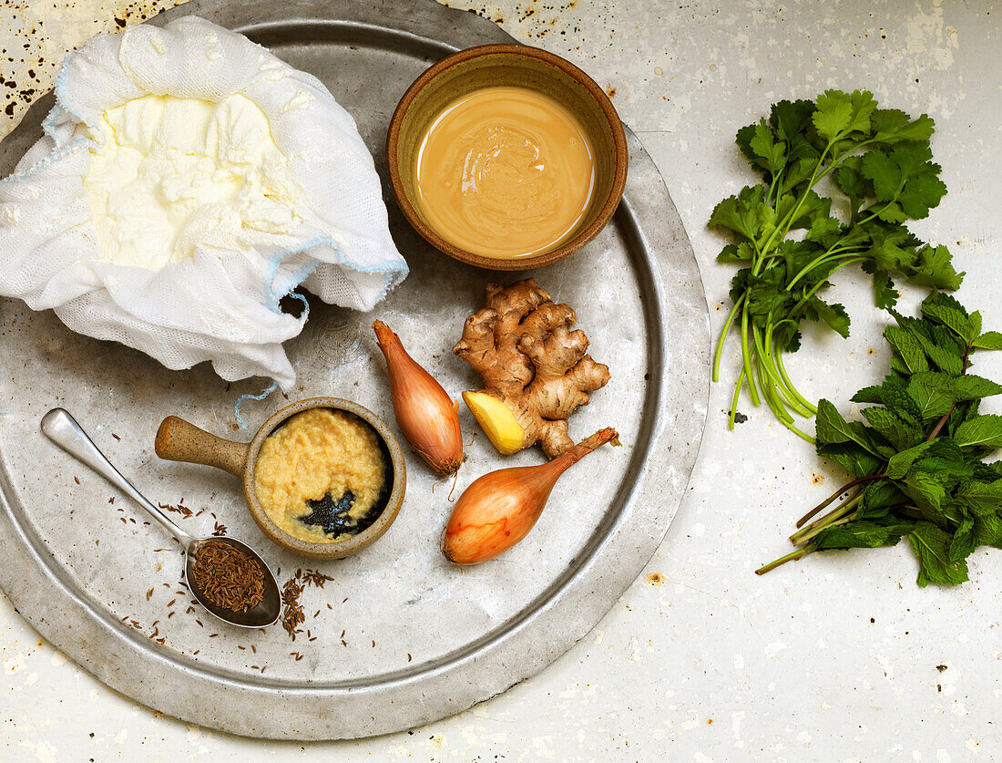 Ingredients for Indian shallot, ginger and sesame raita