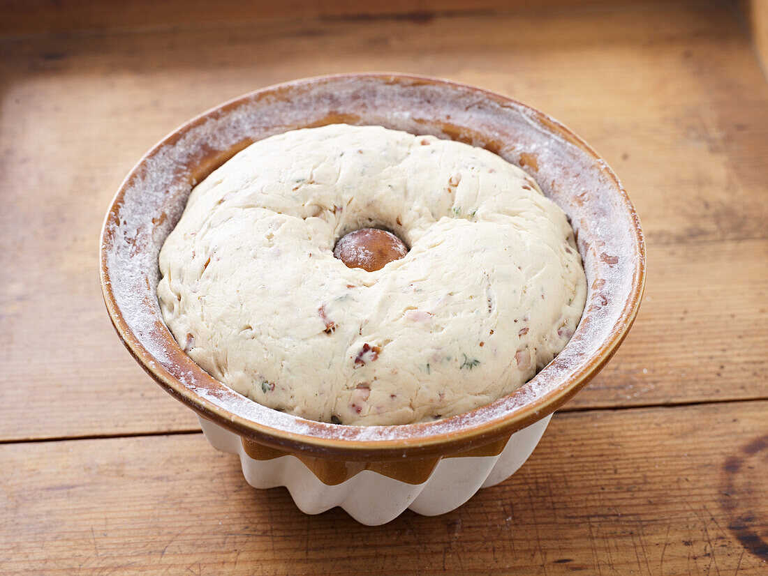 Bacon guglhupf in mould before baking