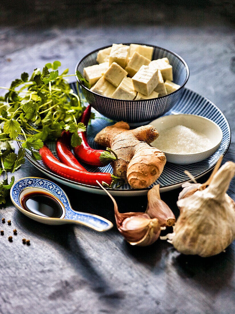 Asian ingredients - tofu, ginger, chilli, garlic, soy sauce
