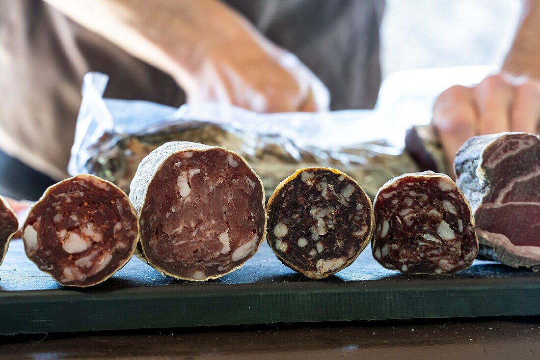 France,Pyrenees Atlantiques,Basque country,Saint Jean Pied de Port,the market,charcuterie