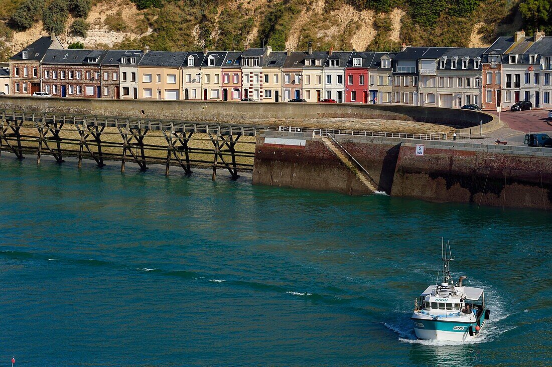 France,Seine Maritime,Pays de Caux,Cote d'Albatre,Fecamp,return to the port of a boat for whelk fishing,in the background the pilots' quay