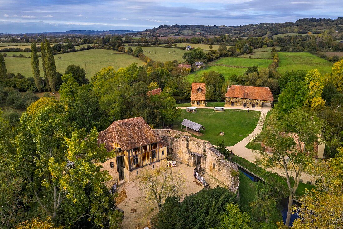 France,Calvados,Pays d'Auge,Crevecoeur en Auge castle and its dungeon,Schlumberger Museum Foundation (aerial view)
