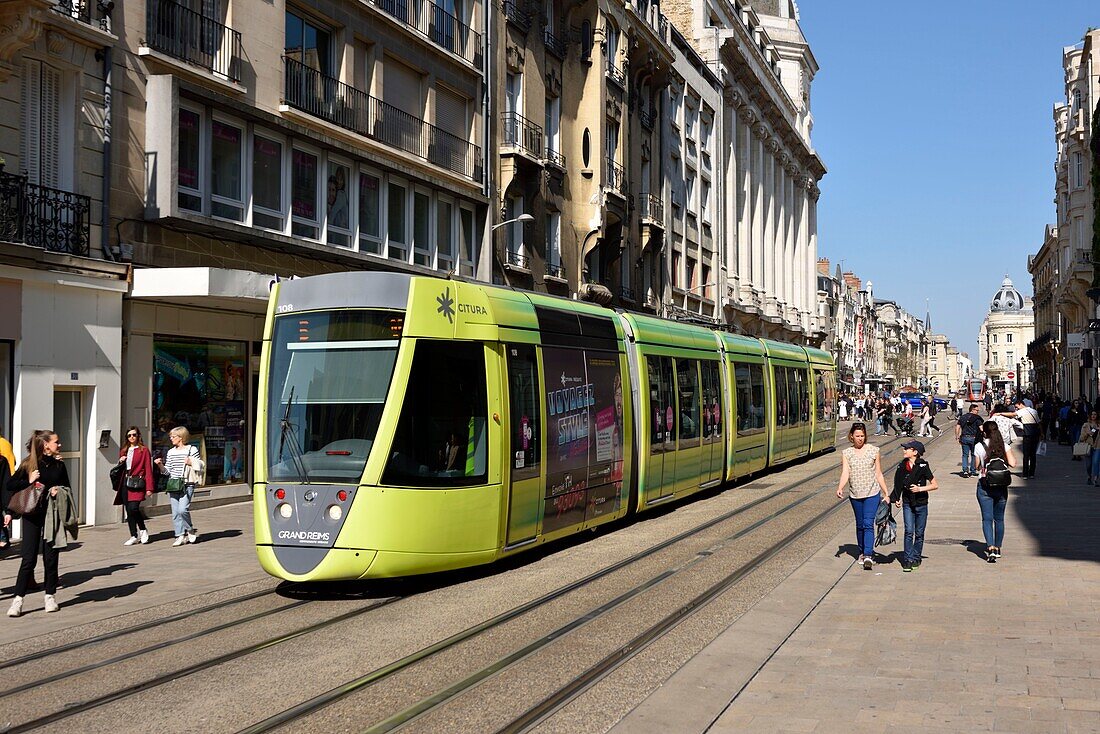 France,Marne,Reims,rue Vesle,yellow tramway