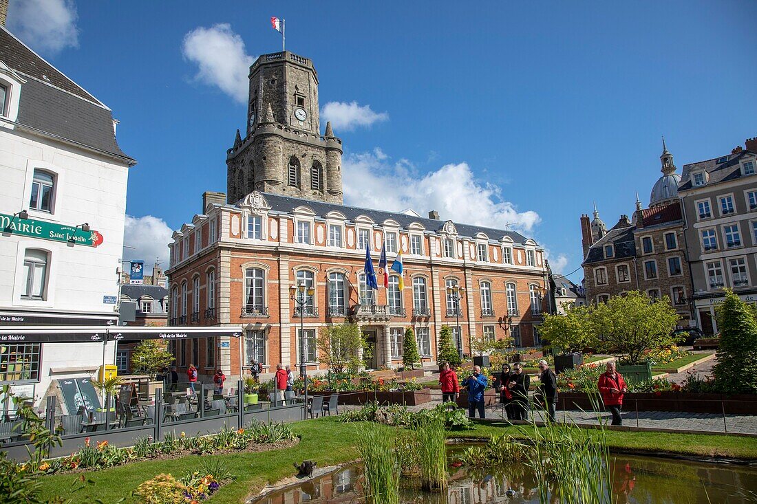 France,Pas de Calais,Boulogne sur Mer,ephemeral garden in front of the Hôtel de Ville and the belfry,former dungeon erected in the 12th century and listed as World Heritage by UNESCO