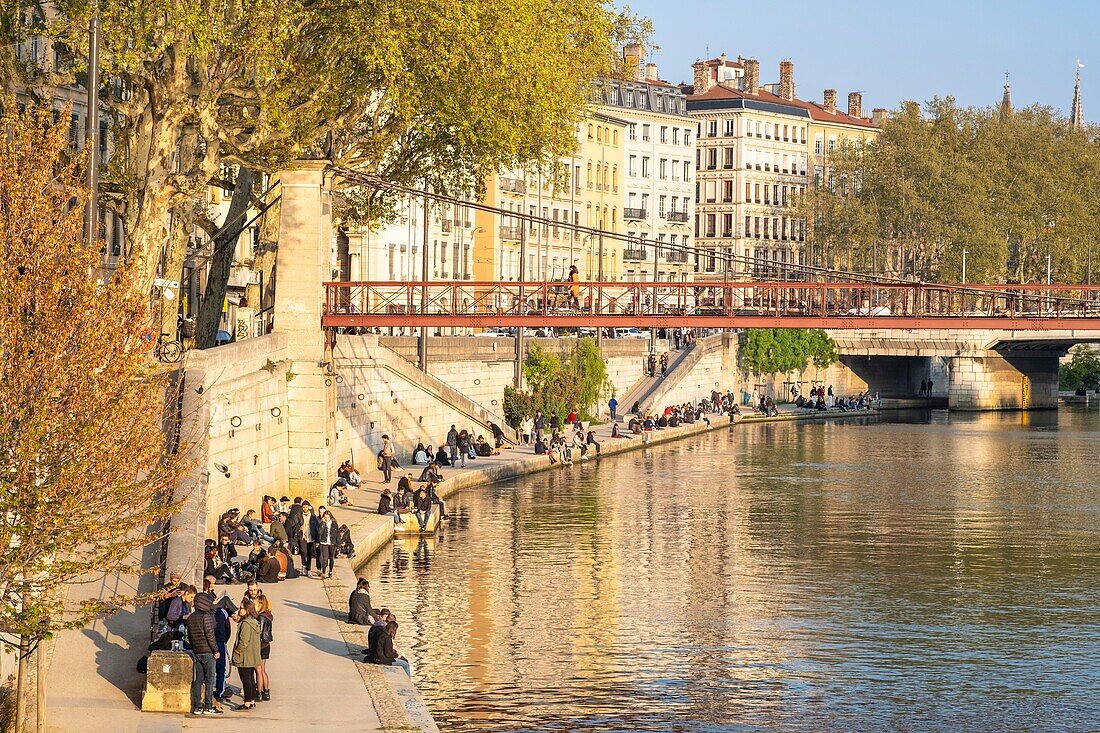 France,Rhone,Lyon,historic district listed as a UNESCO World Heritage site,Quai Saint-Vincent,the banks of the Saone river and Saint-Vincent footbridge