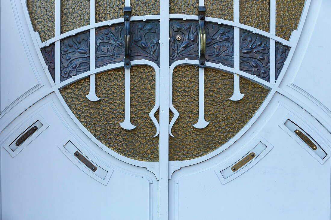 France,Meurthe et Moselle,Nancy,Ecole de Nancy (School of Nancy) Art Nouveau door by architect Lucien Weissenburger (1904-1905),ironworks by Louis Majorelle,stained glass window by Jacques Gruber