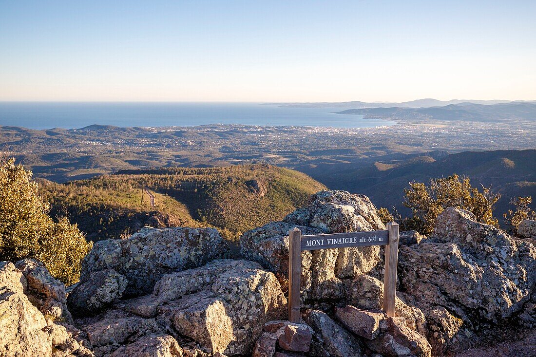 France,Var,Frejus,Esterel massif,viewpoint from the top of Mount Vinaigre (641 m) on the bay of Saint Raphael,and the agglomeration of Frejus and Saint Raphael