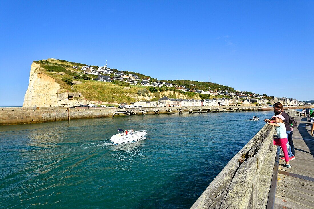 France,Seine Maritime,Pays de Caux,Cote d'Albatre (Alabaster Coast),Fecamp,wooden footbridge at the entrance of the harbour