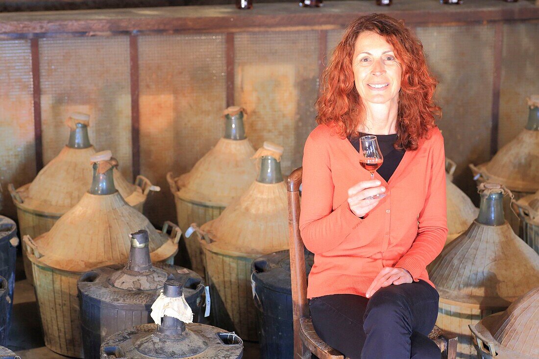 France,Landes,Betbezer d'Armagnac,Domaine de Paguy,Bas Armagnac,Myriam Darzacq (owner) among the old armagnacs