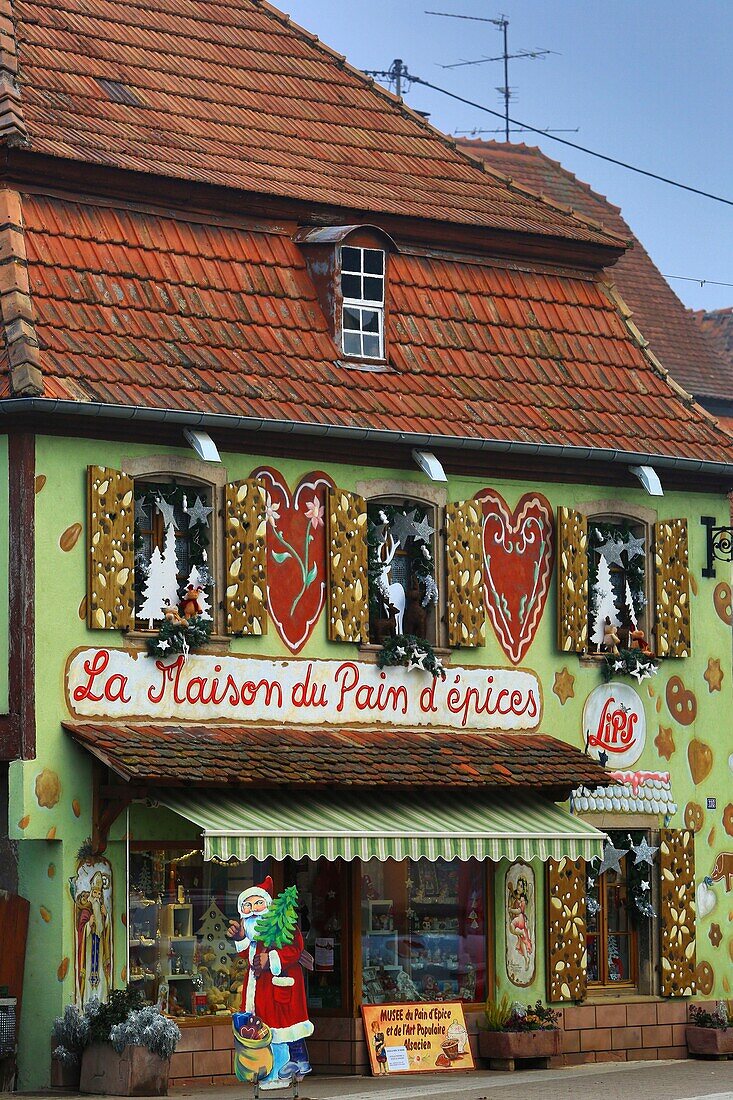 France,Bas Rhin,Gertwiller,The House of Gingerbread LIPS whose facades are painted trompe l'oeil where the LIPS Gingerbread is produced according to the traditional and artisanal process since 1806