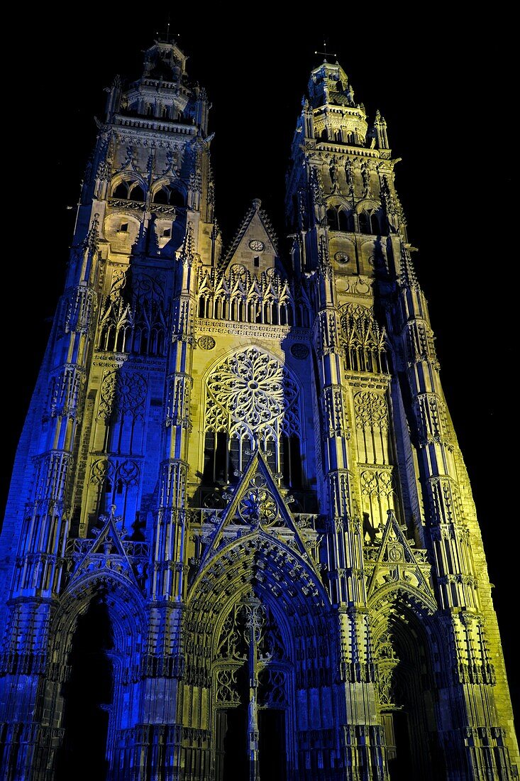 France,Indre et Loire,Tours,Saint Gatien cathedral,illuminations at night