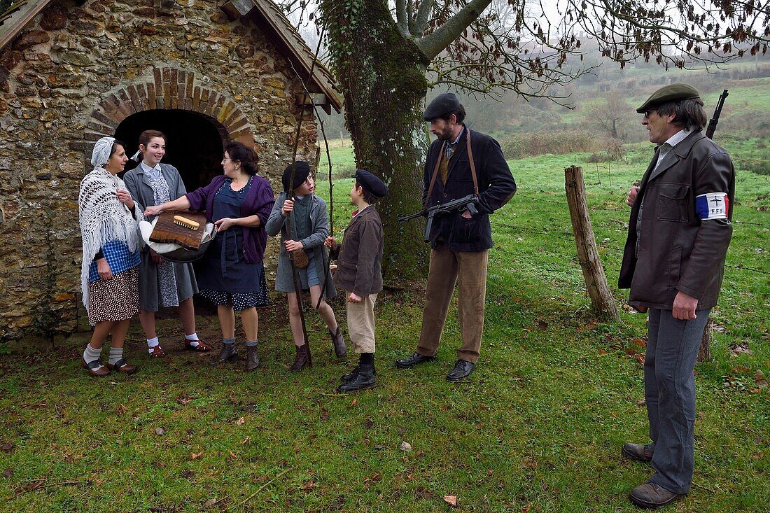 France,Eure,old wash-house of Sainte Colombe prés Vernon,Allied Reconstitution Group (US World War 2 and french Maquis historical reconstruction Association),the reenactors in partisans of the French Forces of the Interior (FFI) with their family