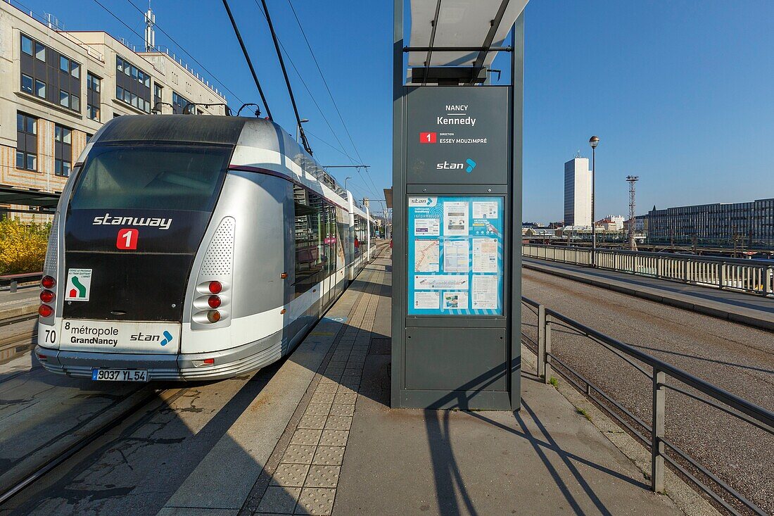 France,Meurthe et Moselle,Nancy,the tramway on Viaduc Kennedy in Nancy Ville train station area