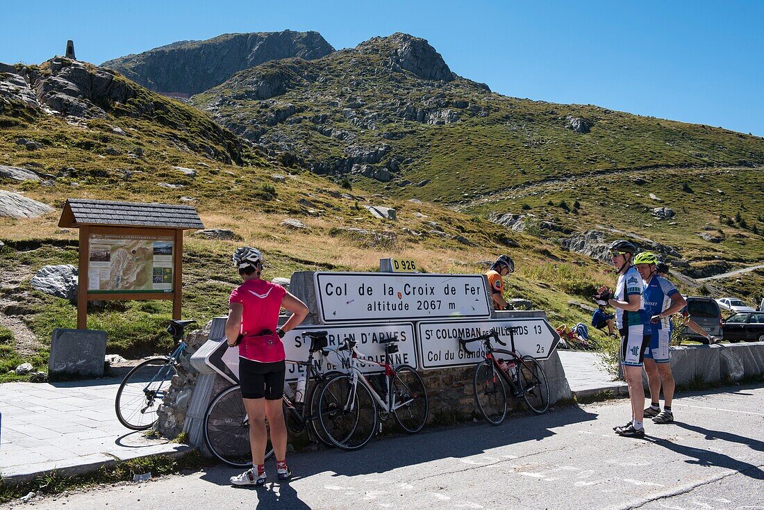 France,Savoie,Saint Jean de Maurienne,the largest bike trail in the world was created within a radius of 50 km around the city. Cyclists at the top of the Iron Cross Pass