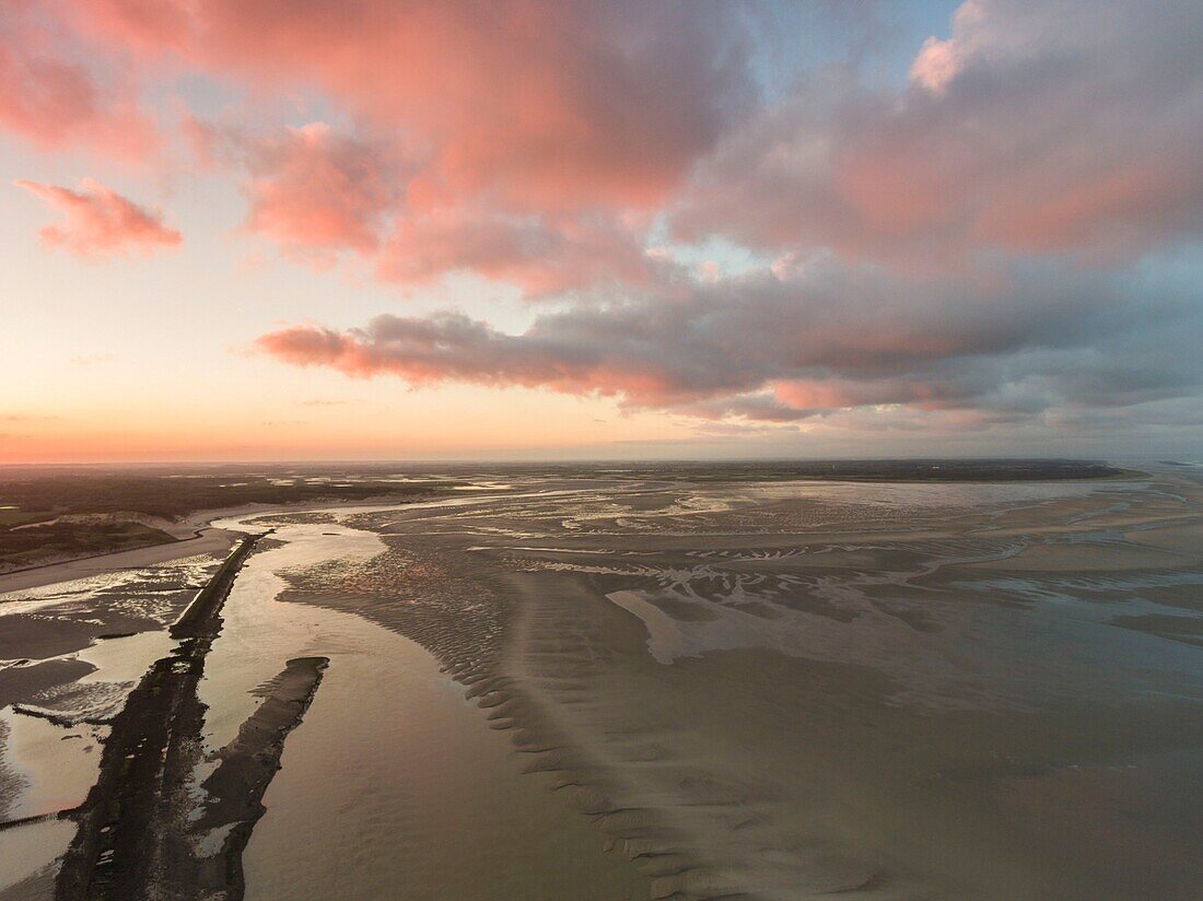 France,Pas de Calais,Berck sur Mer,Flight over the Bay of Authie and Berck sur Mer at dawn at low tide (aerial view)