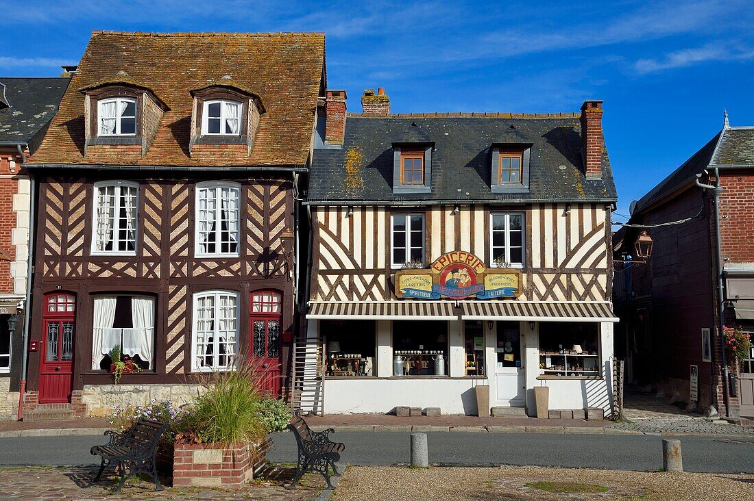 France,Calvados,Pays d'Auge,Beuvron en Auge,labelled Les Plus Beaux Villages de France (The Most Beautiful Villages of France),half-timbered houses in the main street,grocery shop