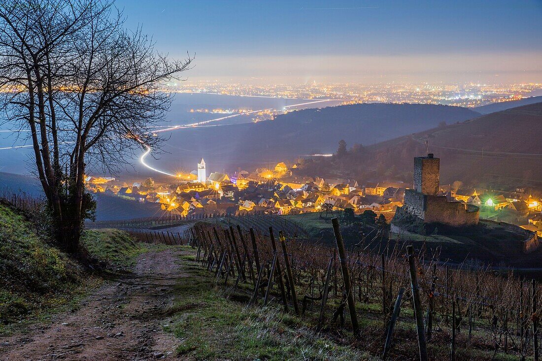 France,Haut Rhin,Alsace Wine Route,Katzenthal,Saint-Nicolas Church,Wineck Castle,vineyard by night