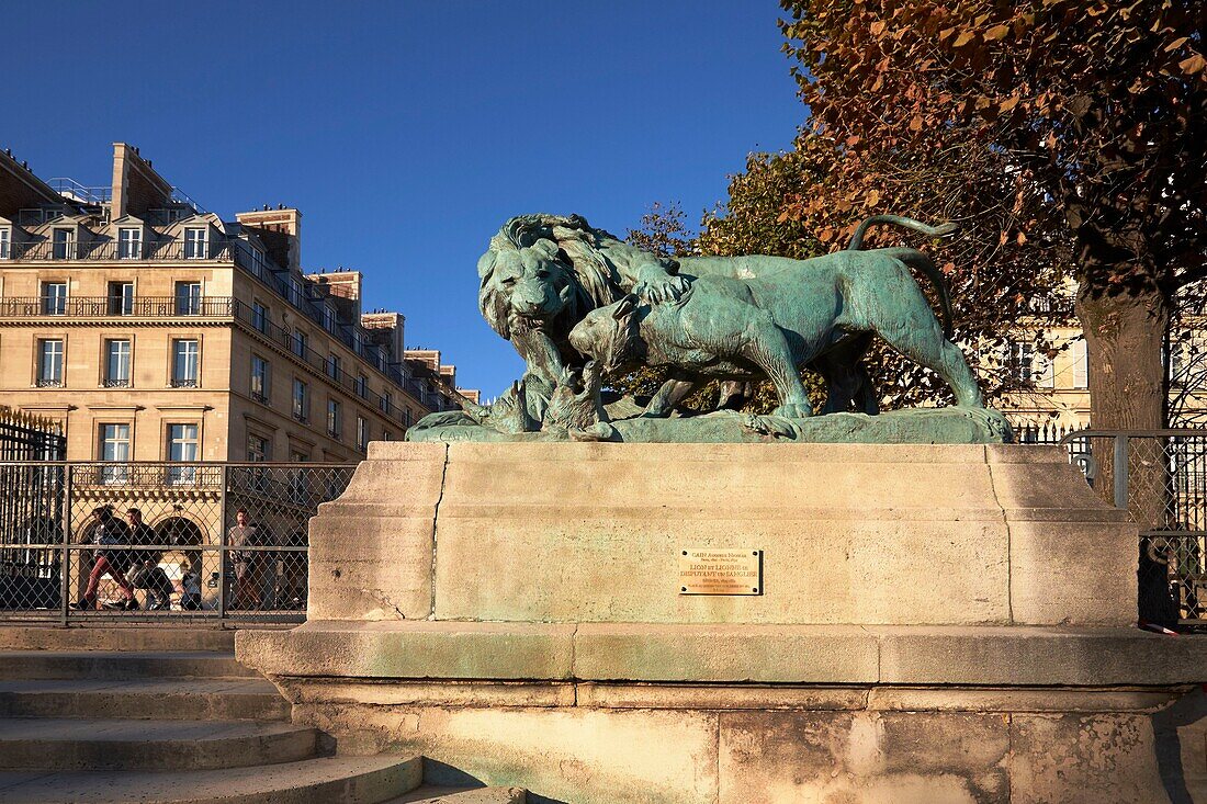 France,Paris,Jardin des Tuileries,Bronze statue Lion and lioness arguing for a wild boar by the animal sculptor Auguste Cain