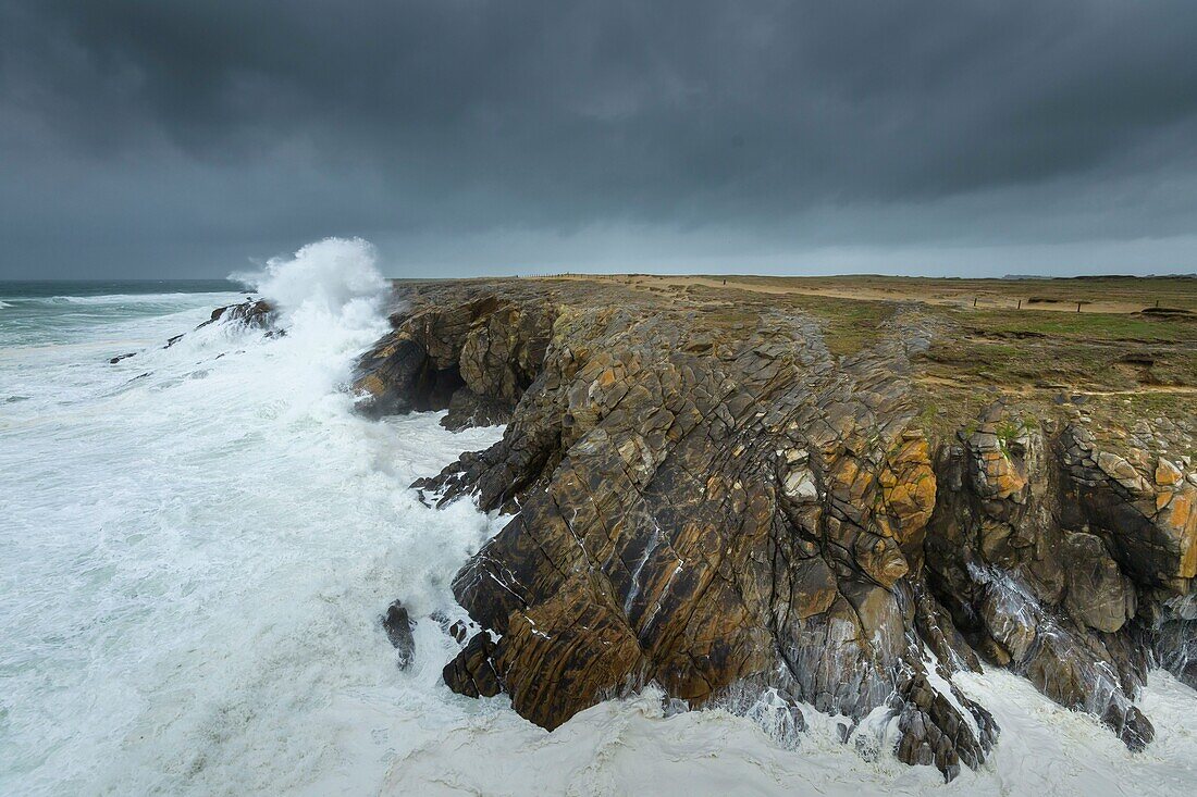 Frankreich,Morbihan,St-Pierre-Quiberon,die wilde Küste und die Spitze von Percho an einem stürmischen Tag