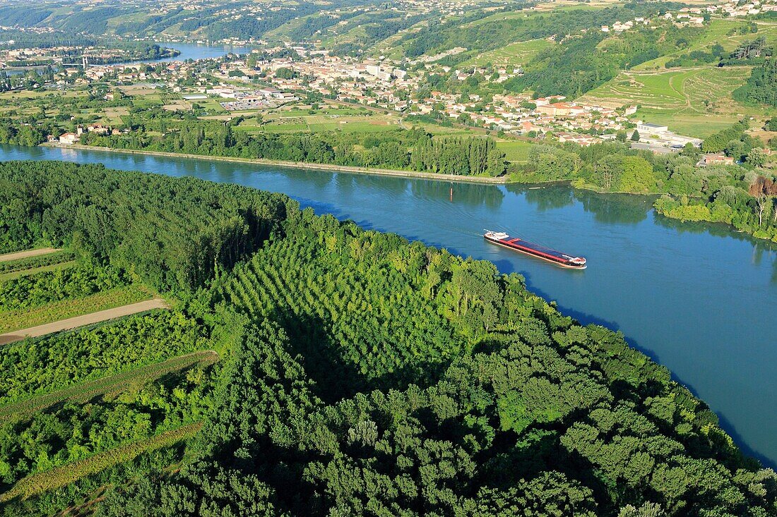 Frankreich,Isere,Chonas L'Amballan,Sensibles Naturgebiet von ??Gerbay,Die Rhone,Condrieu im Hintergrund (Luftaufnahme)