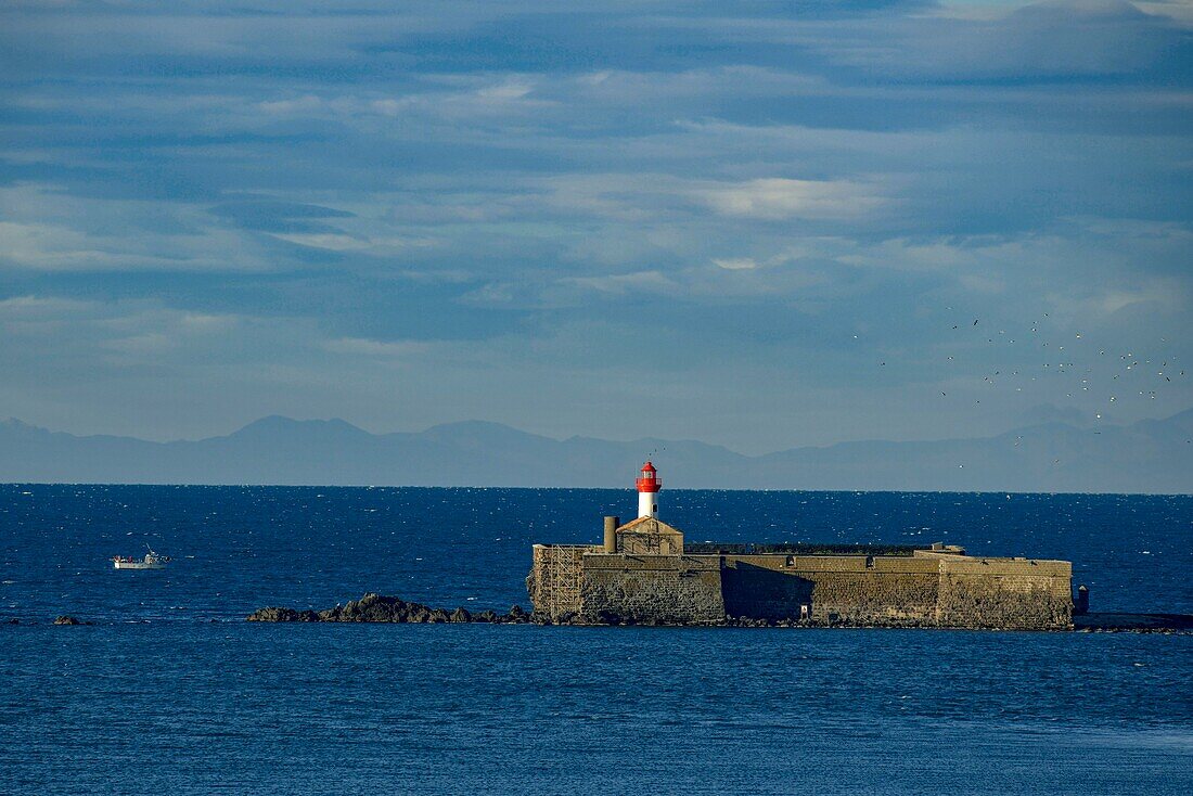 France,Herault,Agde,Cape of Agde,Fort of Brescou with the Pyrenees in the background