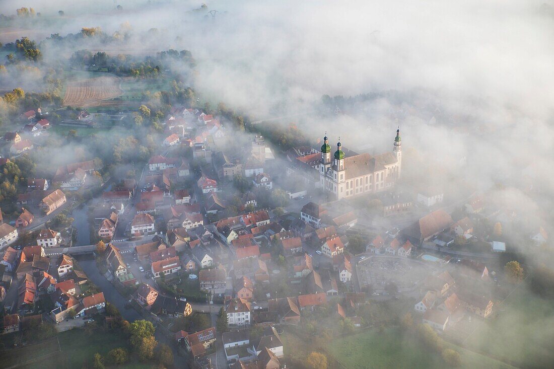 France,Bas Rhin,the Ried,Ebersmunster,abbey church of Saint Maurice from the 18th century and german baroque style (aerial view)