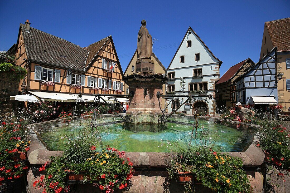Frankreich,Haut Rhin,Route des Vins d'Alsace,Eguisheim,ausgezeichnet als die schönsten Dörfer Frankreichs,Schlossplatz,der Brunnen mit der Statue von Papst Leon IX