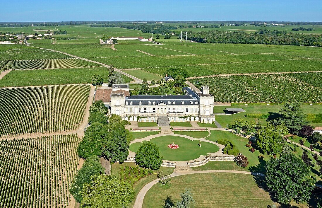 France,Gironde,Saint Julien Beychevelle,the vineyard and Chateau Ducru Beaucaillou in the Medoc,Second Grand Cru 1855 (aerial view)