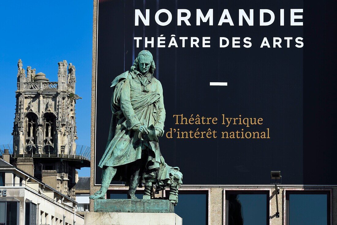 France,Seine Maritime,Rouen,statue of Pierre Corneille in front of Theatre des Arts and the Saint-André Tower in the background