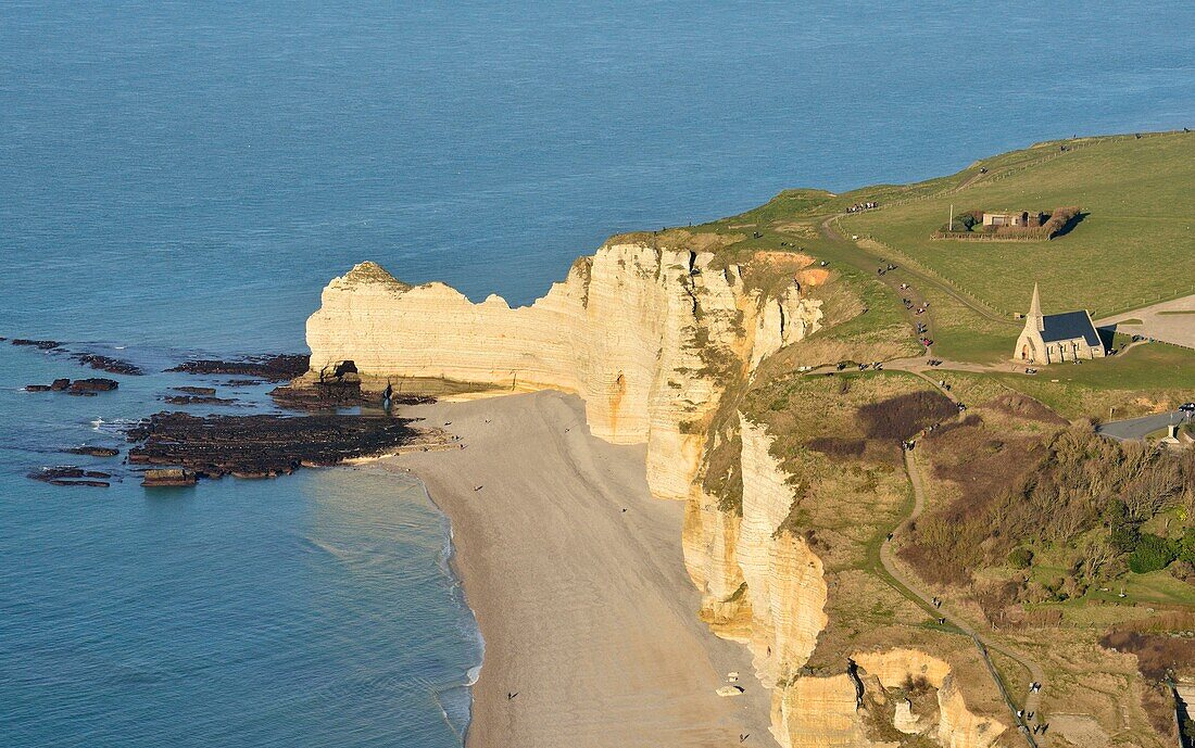 France,Seine Maritime,Etretat,Cote d'albatre,beach facing the cliff of Aval (aerial view)