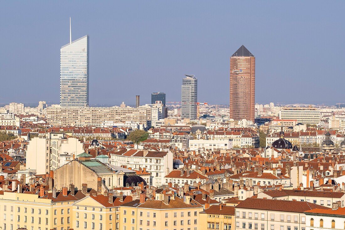 France,Rhone,Lyon,historic district listed as a UNESCO World Heritage site,panorama of La Presqu'île district,Part-Dieu tower (or the pencil) and Incity tower (or eraser) in the background