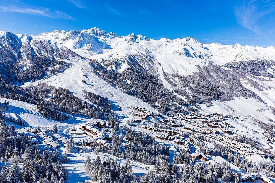 France,Savoie,Valmorel,Massif of the Vanoise,Tarentaise valley,view of the massif of La Lauziere and the Grand pic de la Lauziere (2829m) (aerial view)