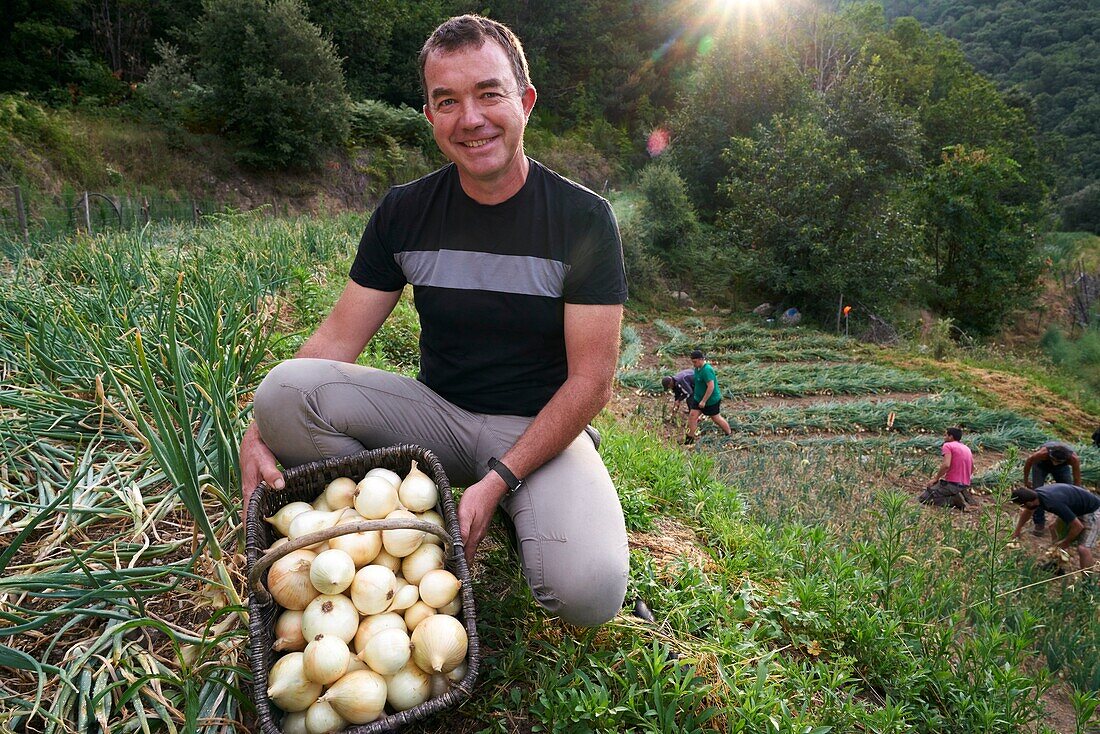 France,Gard,Sumene,hamlet of Sanissas,establishment Fesquet,producer of onions of the Cevennes,labeled AOC and AOP,portrait of Richard Fesquet,producer and president of the Association of the defense of the sweet onions of the Cevennes