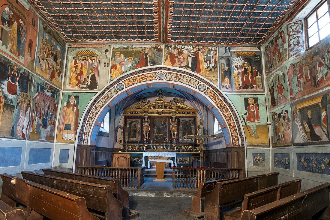 France,Savoie,Haute Maurienne,Val Cenis,the interior of the chapel Saint Sebastian in Lanslevillard and its classy frescoes of the 15th century