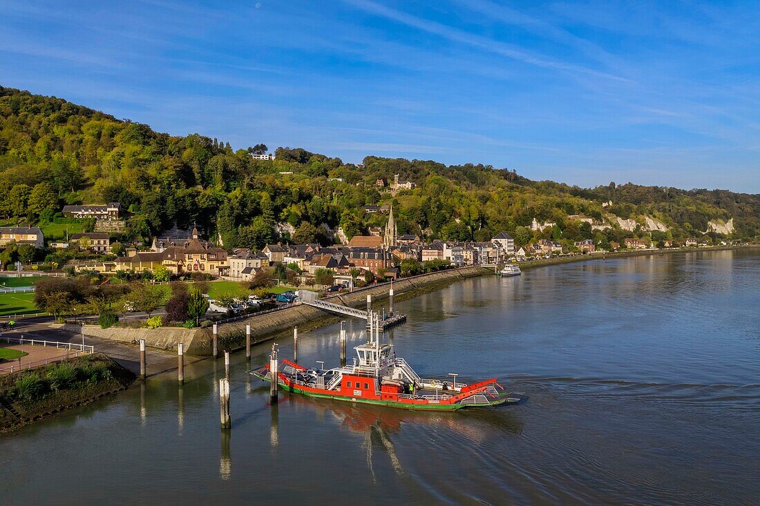 France,Seine-Maritime,Norman Seine River Meanders Regional Nature Park,the ferry crossing the Seine river at the village of La Bouille (aerial view)