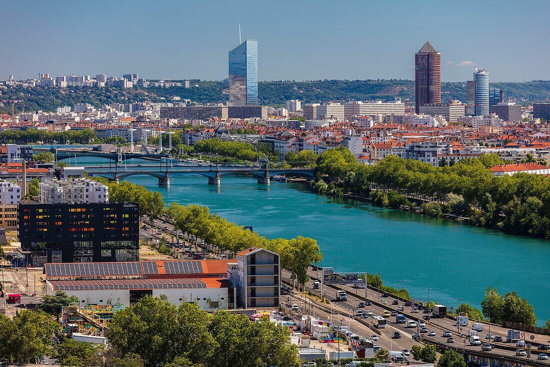 France,Rhone,Lyon,district of La Confluence in the south of the peninsula,first French quarter certified sustainable by the WWF,view of Villeurbanne,the Incity Tower and the Crayon