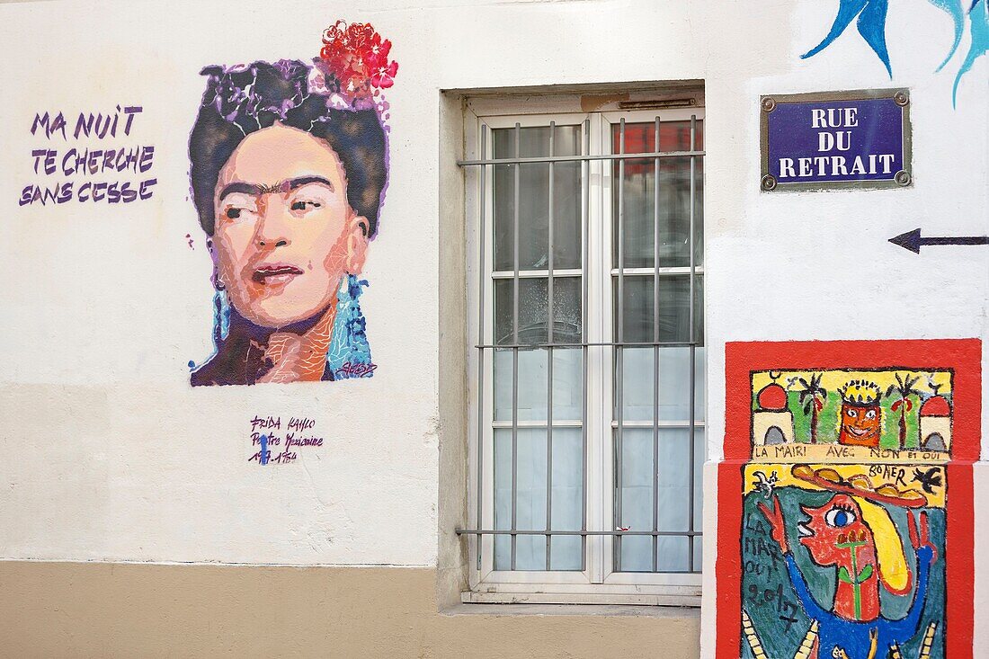 France,Paris,street art,mural representing Frida Kahlo on Rue du Retrait