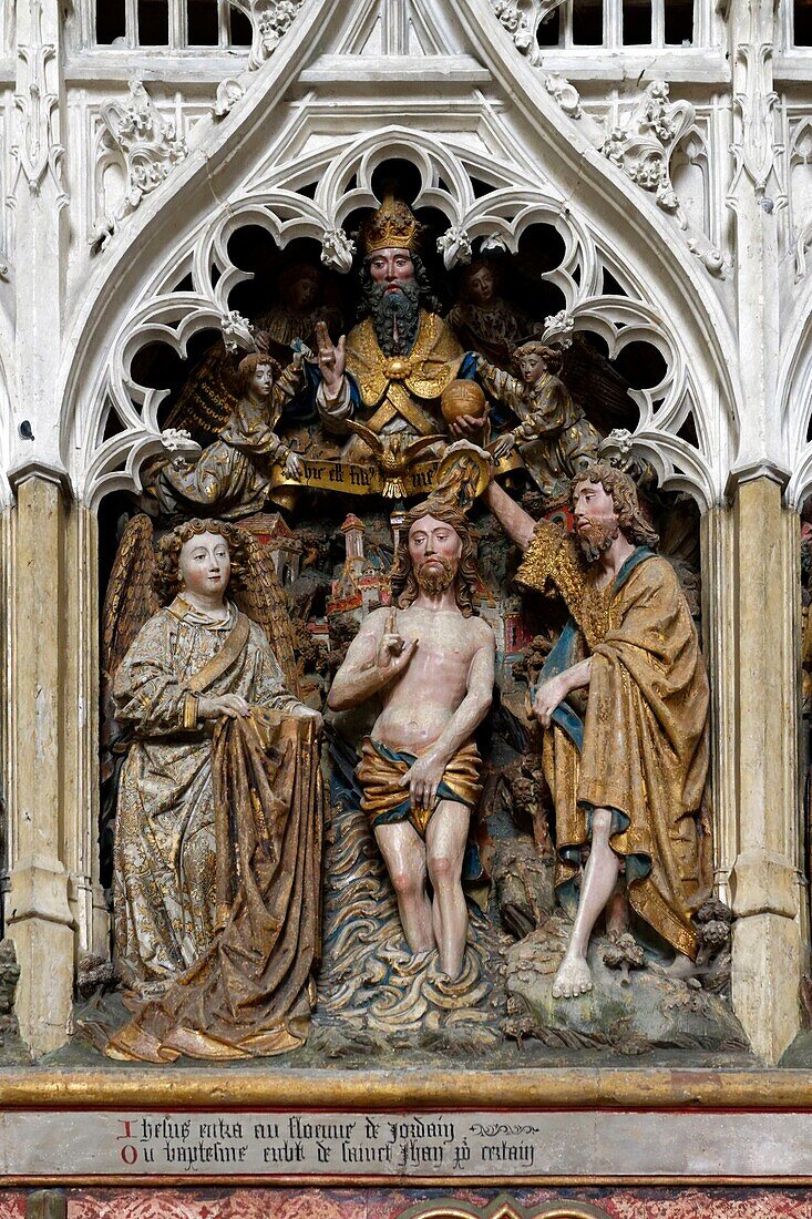 France,Somme,Amiens,Notre-Dame cathedral,jewel of the Gothic art,listed as World Heritage by UNESCO,the southern end of the choir and its high reliefs,Saint John the Baptist life scene,baptism of Christ