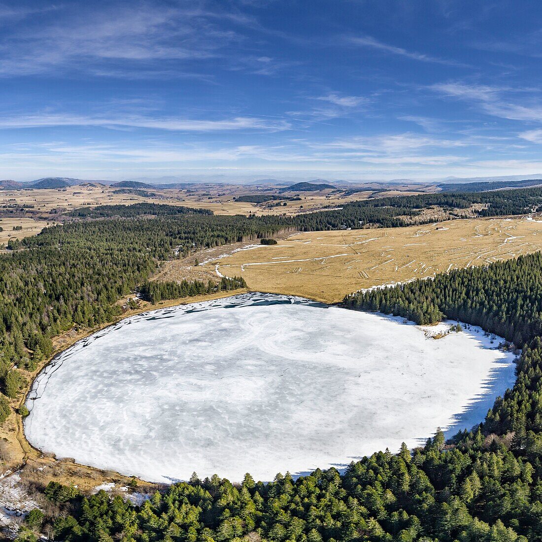 France,Puy de Dome,Orcival,Regional Natural Park of the Auvergne Volcanoes,Monts Dore,Servièress lake,volcanic maar lake (aerial view)