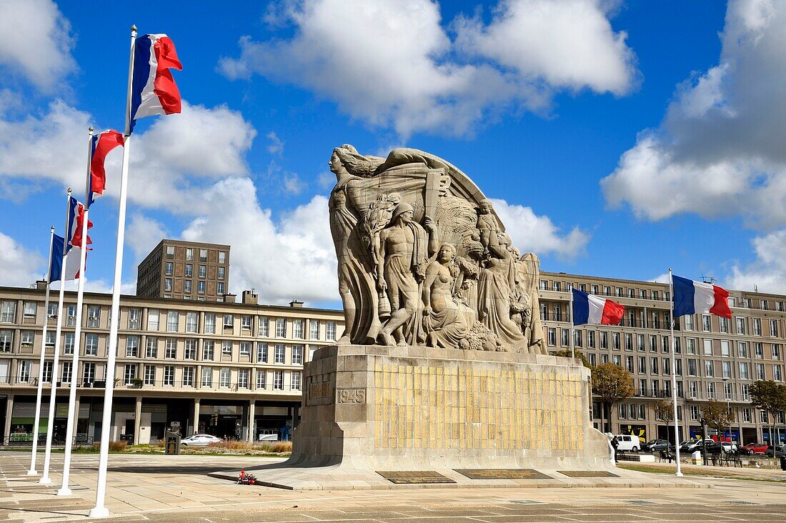 France,Seine Maritime,Le Havre,Downtown rebuilt by Auguste Perret listed as World Heritage by UNESCO,the War Memorial in front of a Perret building