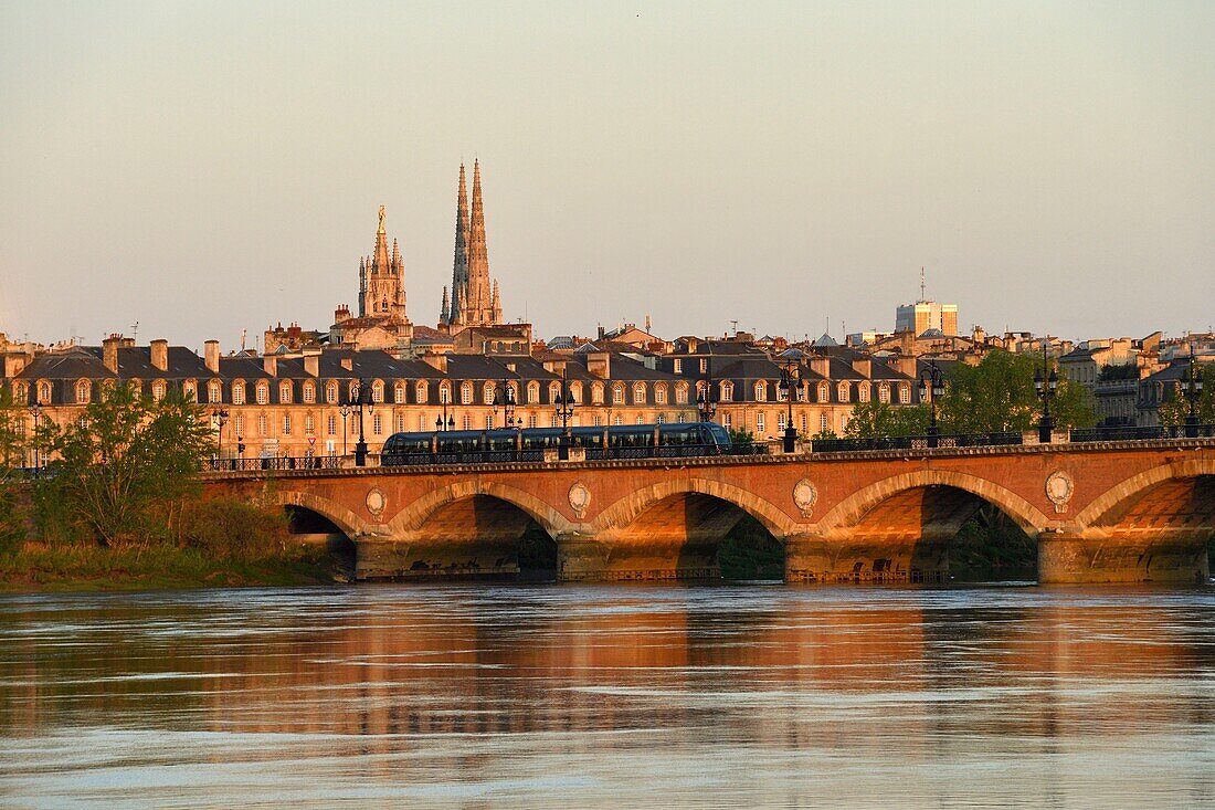 France,Gironde,Bordeaux,area listed as World Heritage by UNESCO,Pont de Pierre on the Garonne River,Pey-Berland tower and Saint Andre cathedral