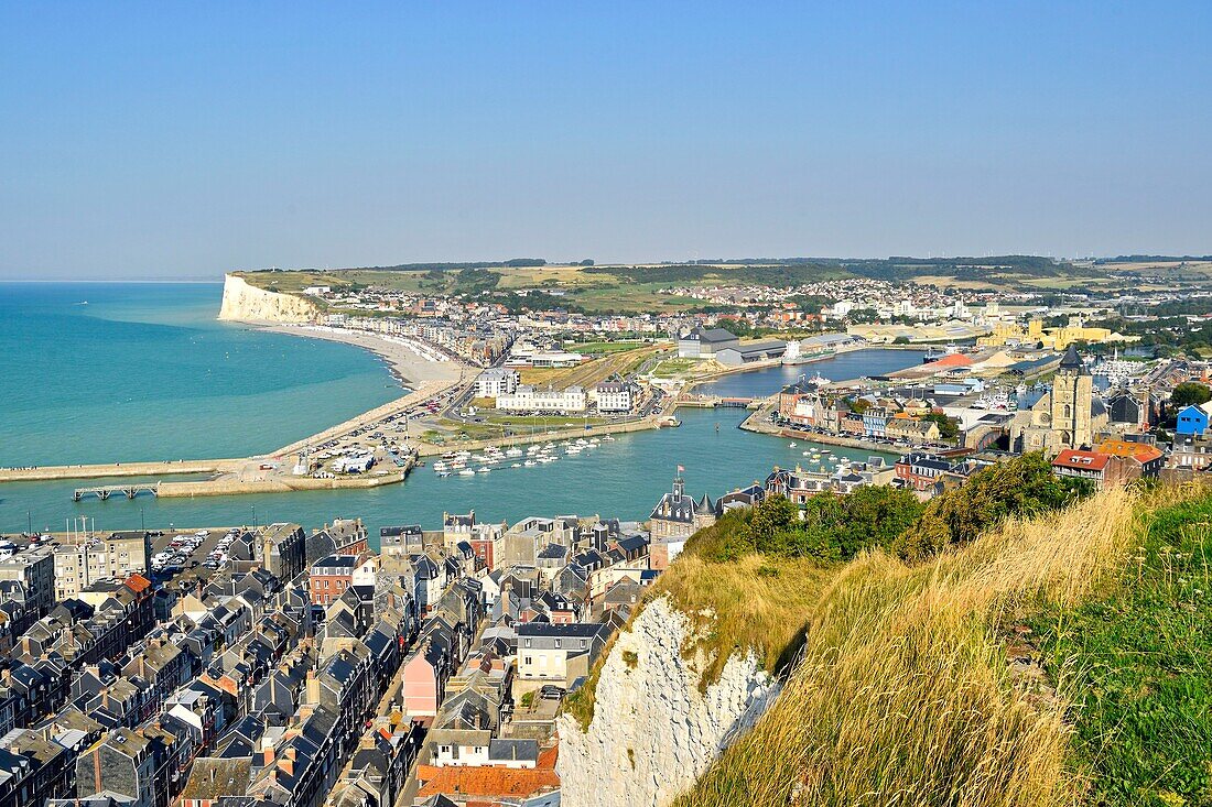 France,Seine Maritime,Le Treport,panoramic view from Le Treport terrasse of the city and the harbour with in the background the cliffs and the town of Mers les Bains,searesort on the shores of the Channel