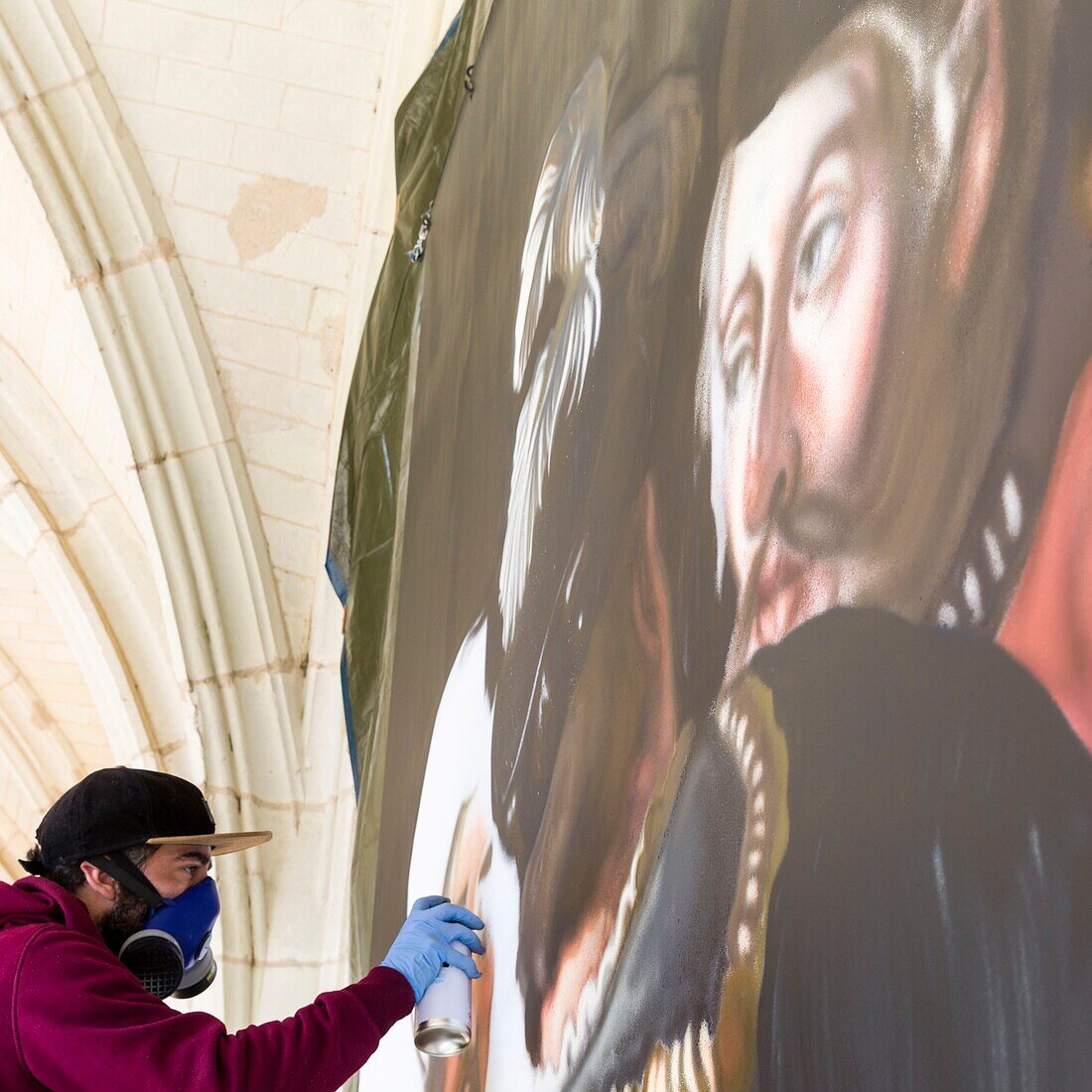 France,Indre et Loire,Loire valley listed as World Heritage by UNESCO,Amboise,Amboise castle,the graffiti artist Ravo in residence at the castle of Amboise reproduces in situ the painting The Death of Leonard de Vinci